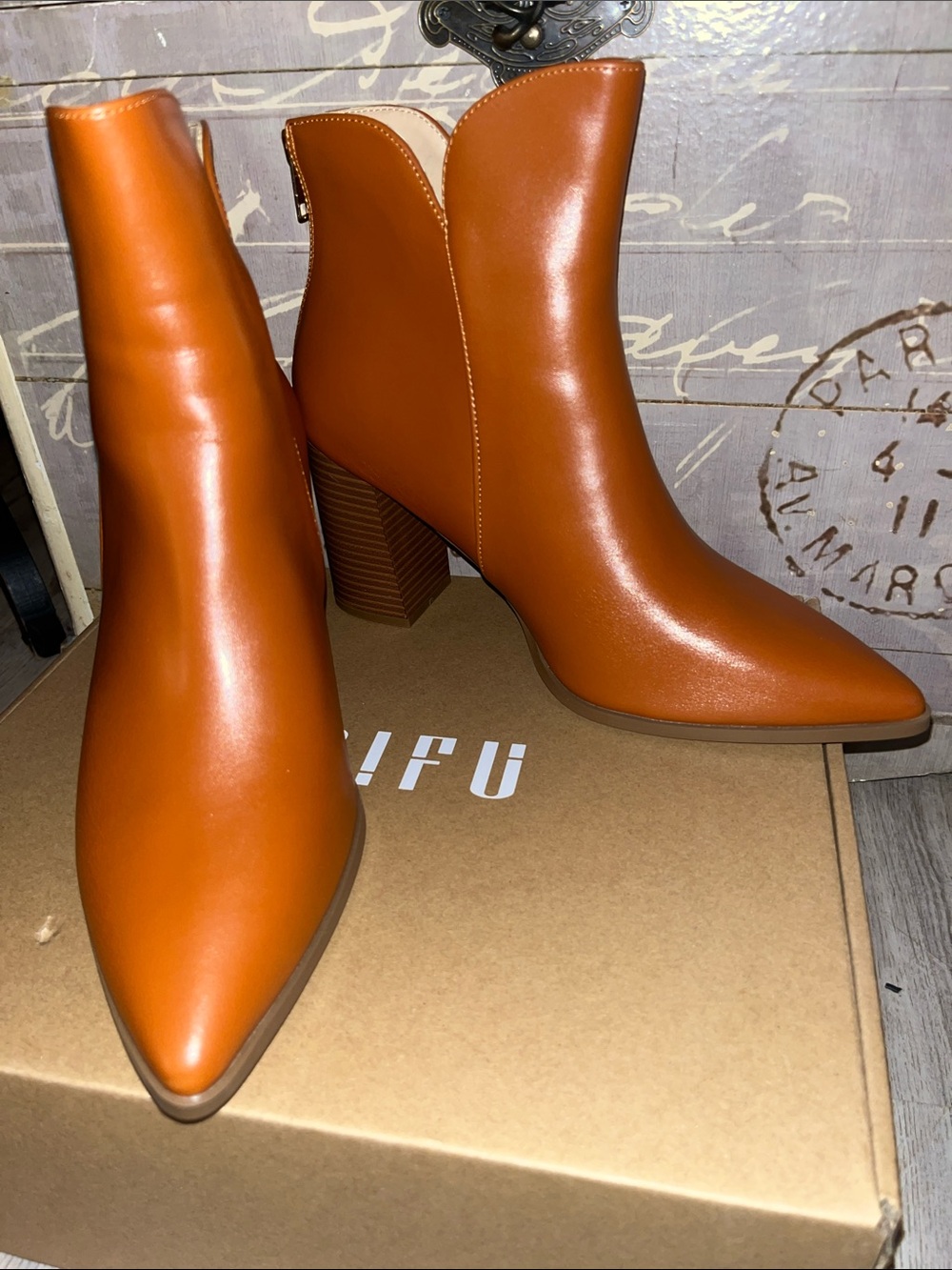 IDIFU Cognac Pointed Toe Block Heel Ankle Boots